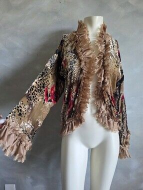 Vtg Mina Collection Mixed Leopard Print Ruffle Trim Burnout Velour Jacket M Open